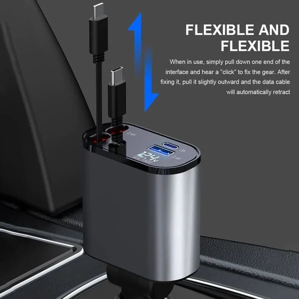 Ładowarka Samochodowa Szybka z Chowanym Kablem USB-C 100 W – Dwa Porty, Monitorowanie Napięcia 1