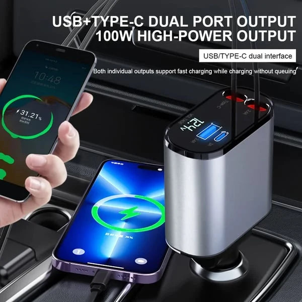 Ładowarka Samochodowa Szybka z Chowanym Kablem USB-C 100 W – Dwa Porty, Monitorowanie Napięcia 2