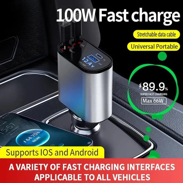 Ładowarka Samochodowa Szybka z Chowanym Kablem USB-C 100 W – Dwa Porty, Monitorowanie Napięcia 3