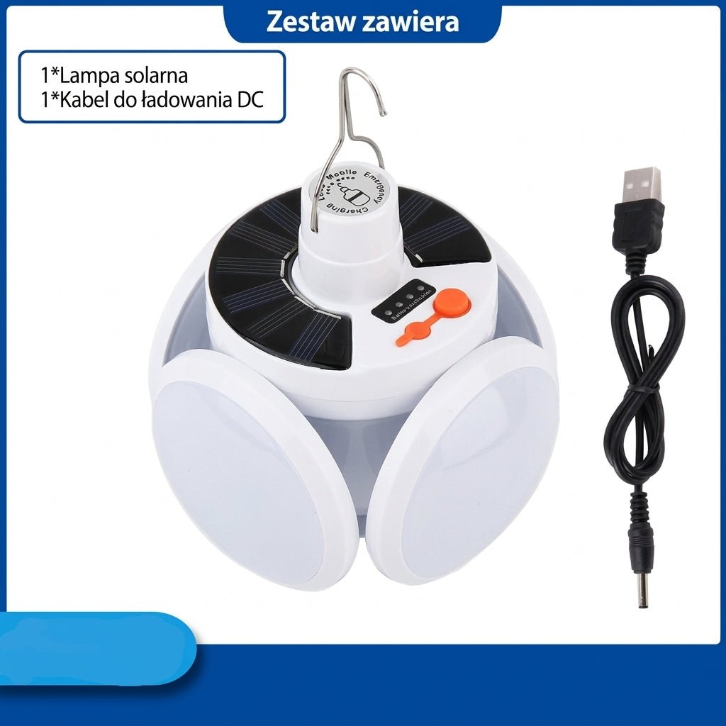 Lampa Kempingowa Składana z 5 Trybami Jasności – Wodoodporna, 2500 Lumenów, Zasilanie Słoneczne 1