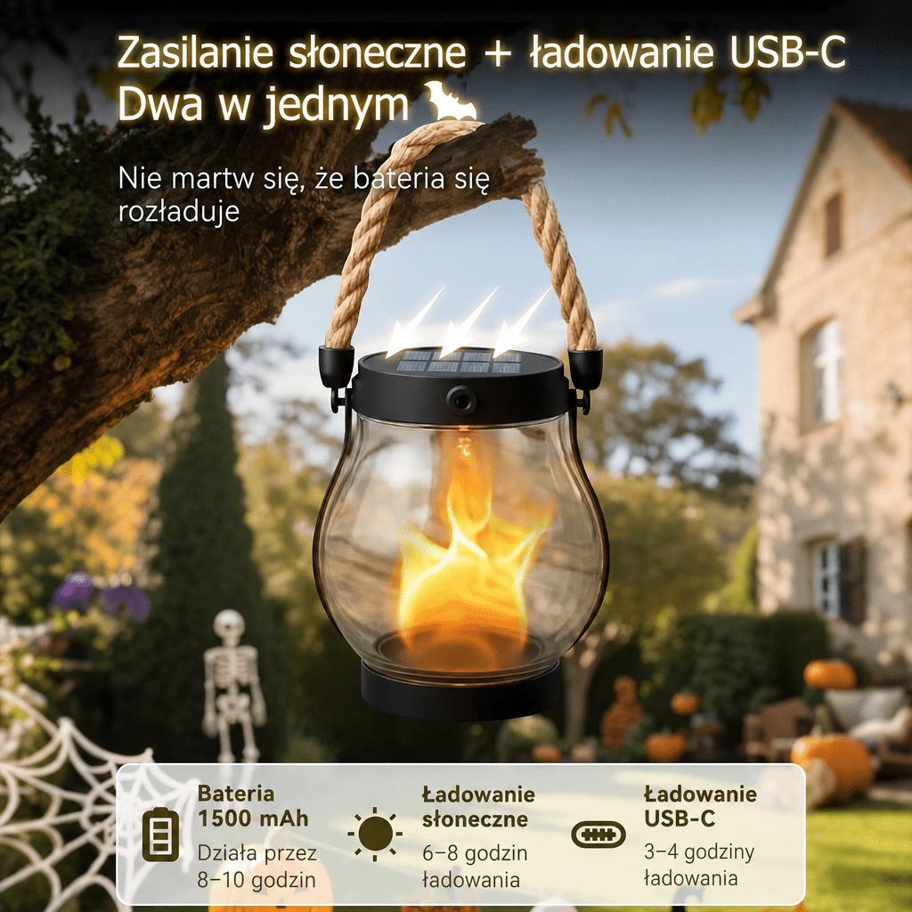 Lampa Ogrodowa Solarna z Czujnikiem Zmierzchu – Wodoodporna, Tryb Płomienia
