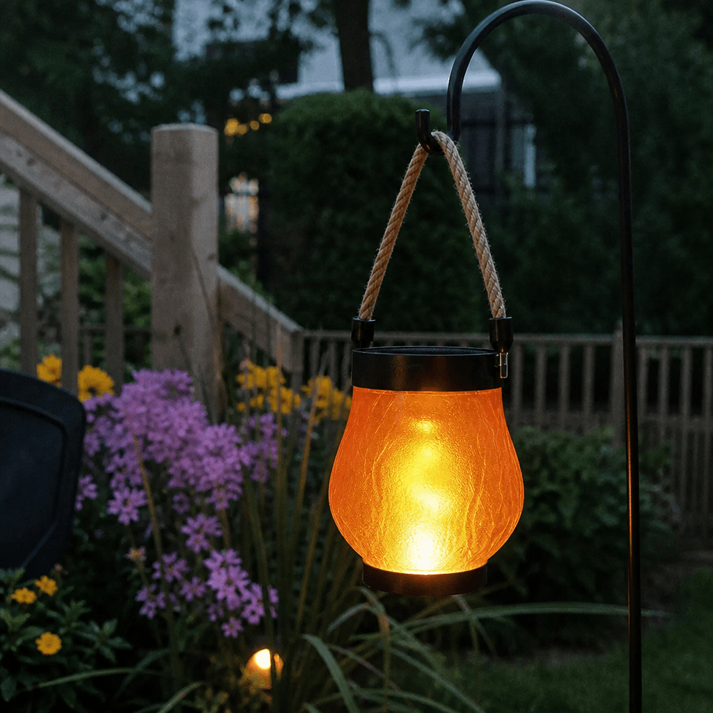 Lampa Ogrodowa Solarna z Czujnikiem Zmierzchu – Wodoodporna, Tryb Płomienia