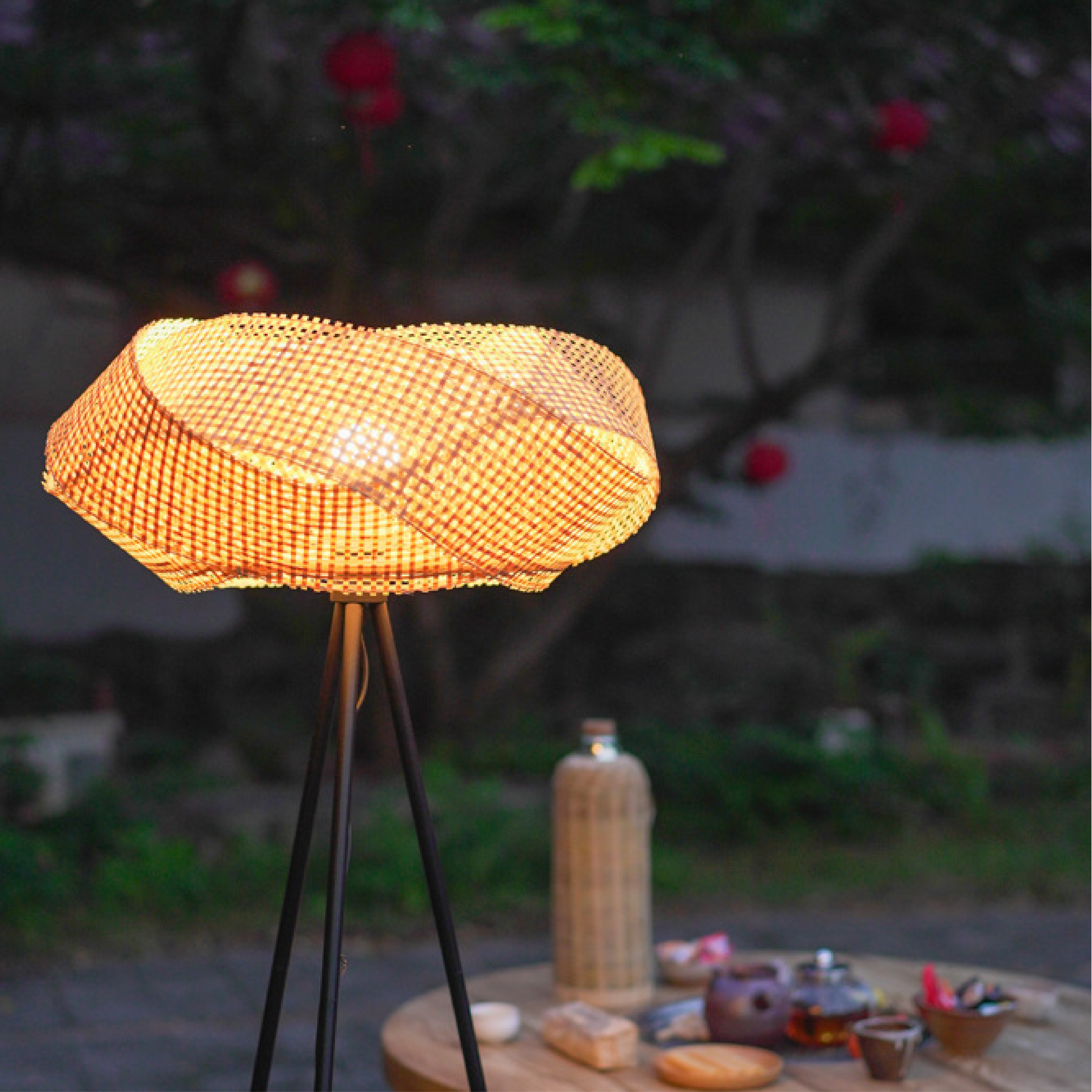 Lampa Podłogowa z Bambusa i Lniany Abażurem - Lampa Stojąca do Czytania z LED 2