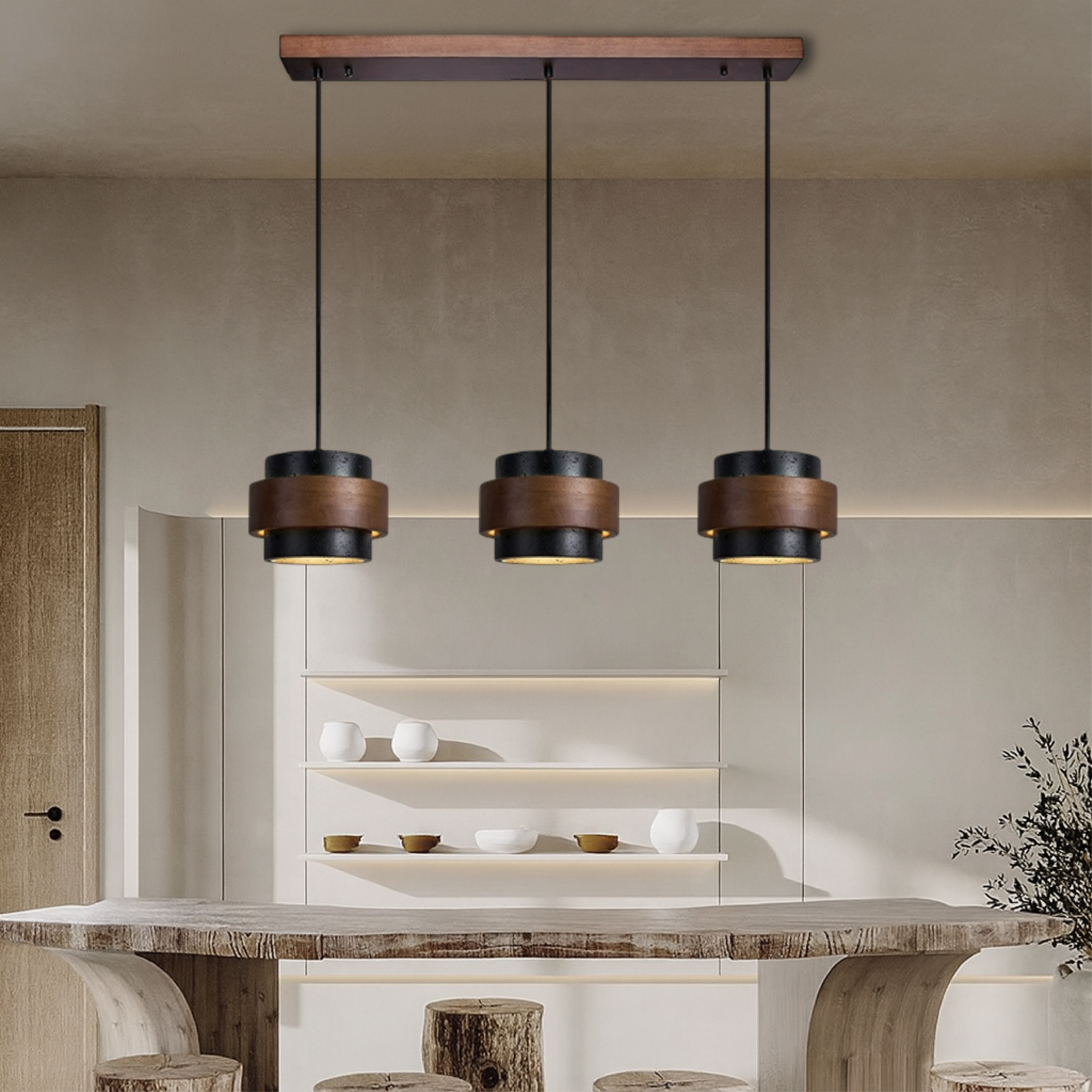 Lampa Wisząca 3-Głowicowa z Czarnego Trawertynu do Salonu i Jadalni 2