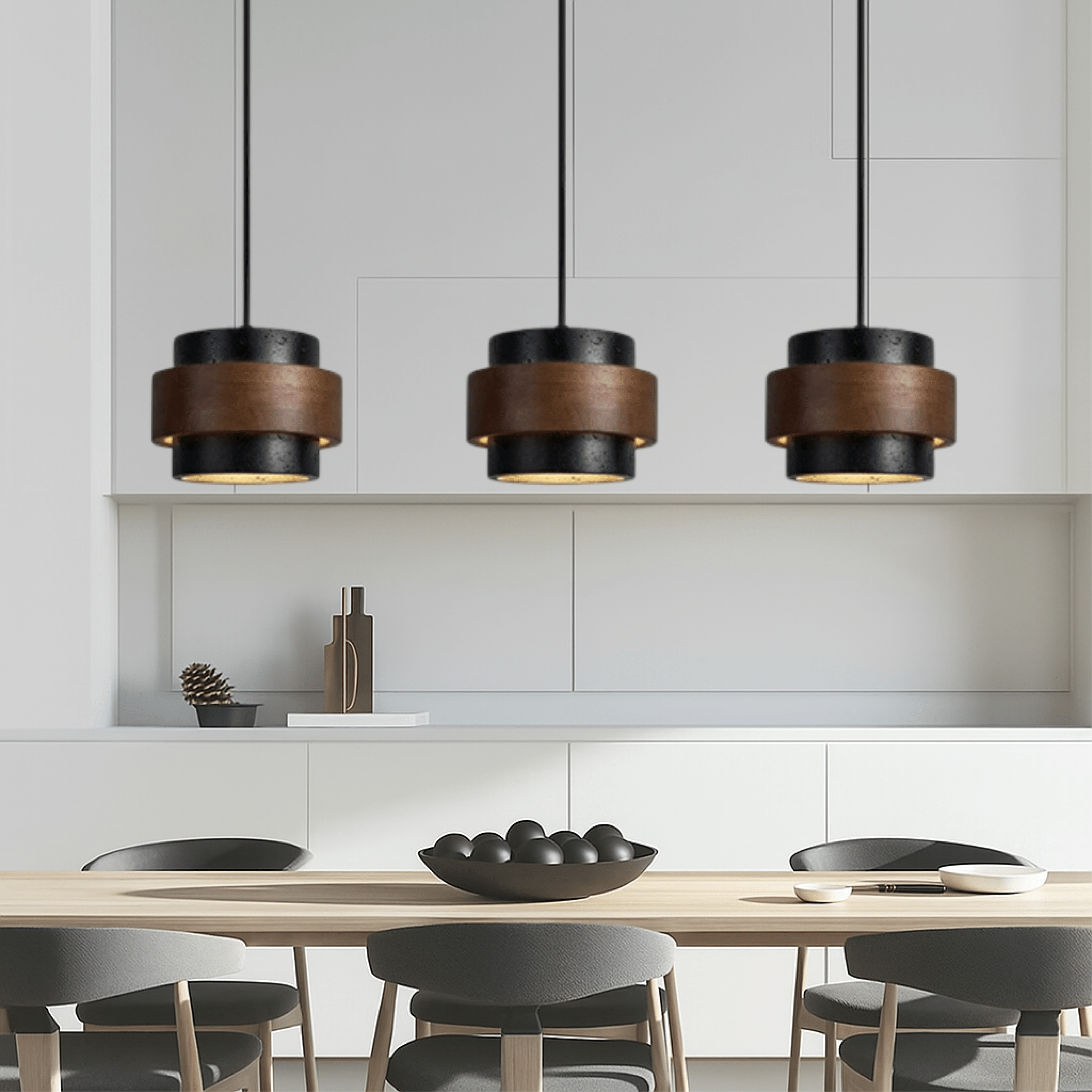 Lampa Wisząca 3-Głowicowa z Czarnego Trawertynu do Salonu i Jadalni 3