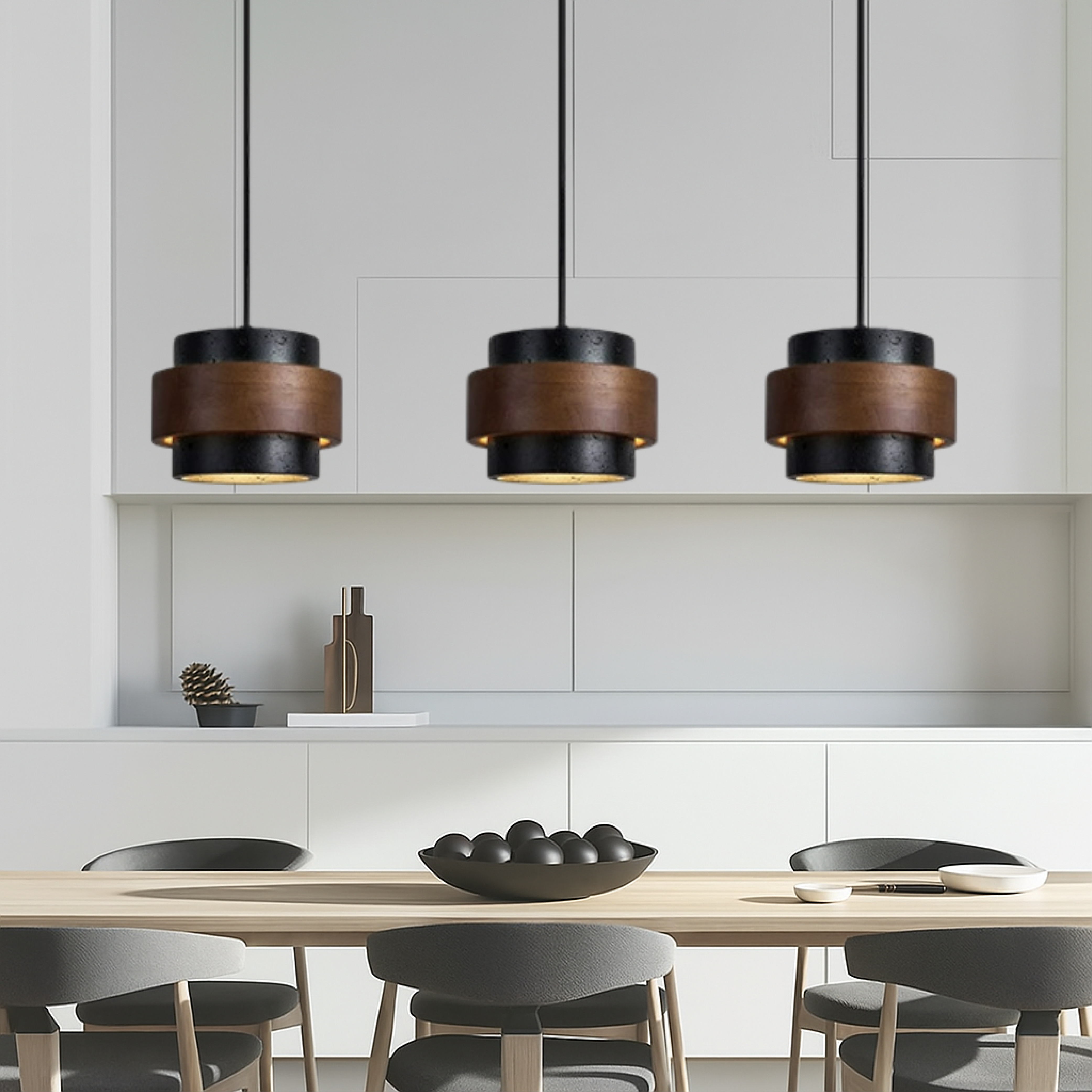 Lampa Wisząca 3-Głowicowa z Czarnego Trawertynu do Salonu i Jadalni 3