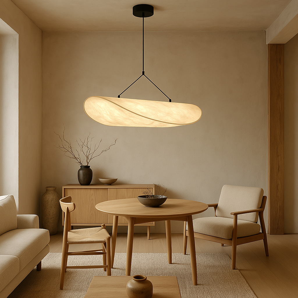 Lampa Wisząca Japandi z Jedwabnym Kloszem - Elegancka Lampa do Salonu i Jadalni