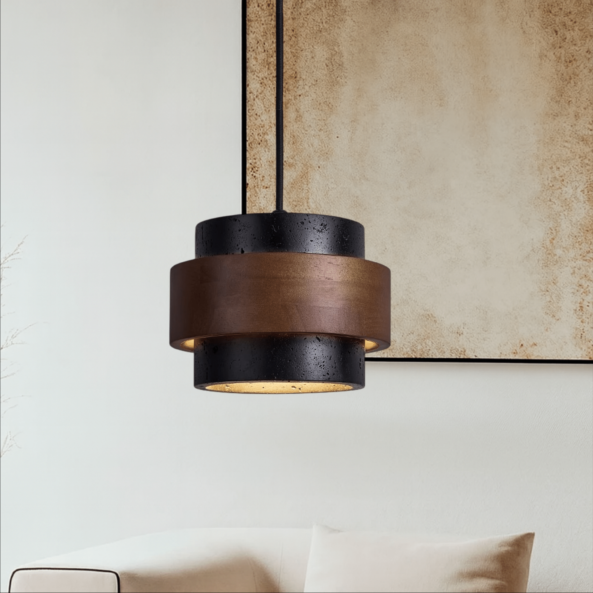 Lampa Wisząca z Czarnego Trawertynu - Nowoczesna Lampa do Salonu Nad Stół 1