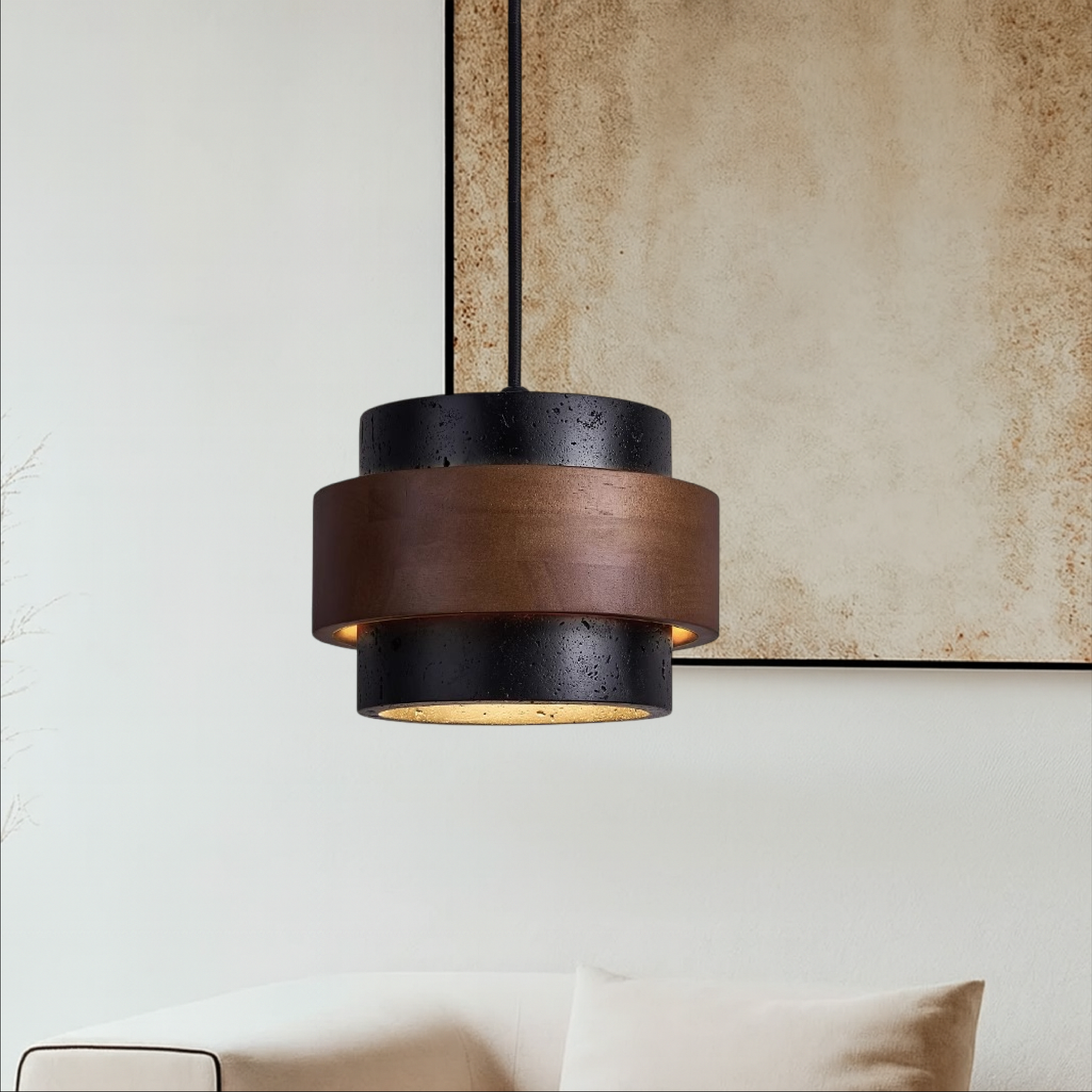Lampa Wisząca z Czarnego Trawertynu - Nowoczesna Lampa do Salonu Nad Stół 1