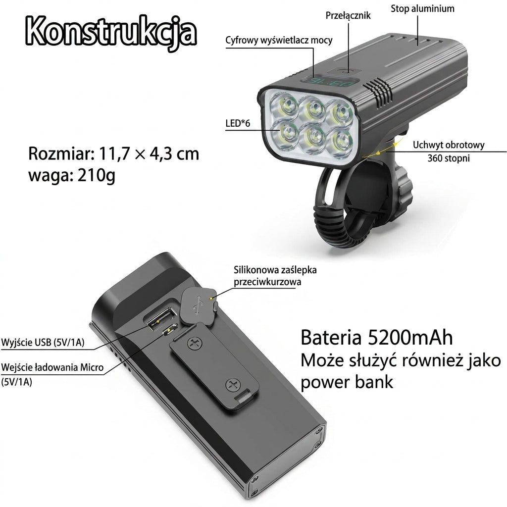 Lampka Rowerowa Przednia 5000 Lumenów z Akumulatorem USB-C – 12 Diod LED, Wodoodporna 2