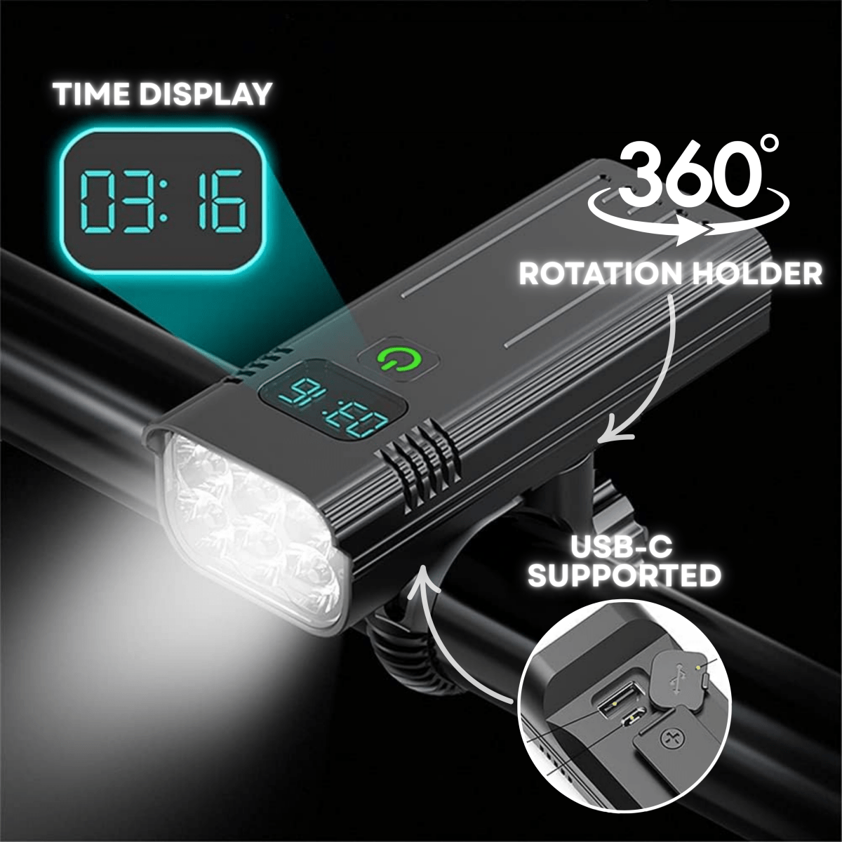 Lampka Rowerowa Przednia 5000 Lumenów z Akumulatorem USB-C – 12 Diod LED, Wodoodporna 1