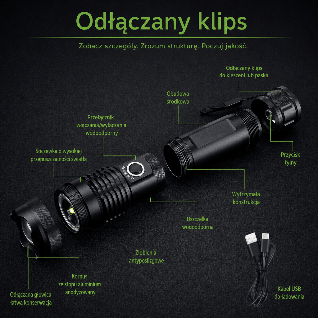 Latarka Kieszonkowa Wodoodporna 12000 Lumenów z Regulowanym Zoomem – 5 Trybów Pracy