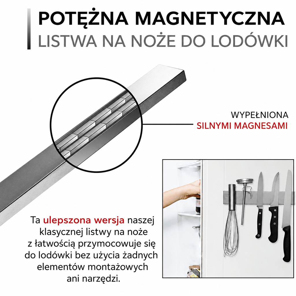Magnetyczny Uchwyt Na Noże 35 cm Ze Stali Nierdzewnej – Do Montażu Na Lodówce lub Ścianie
