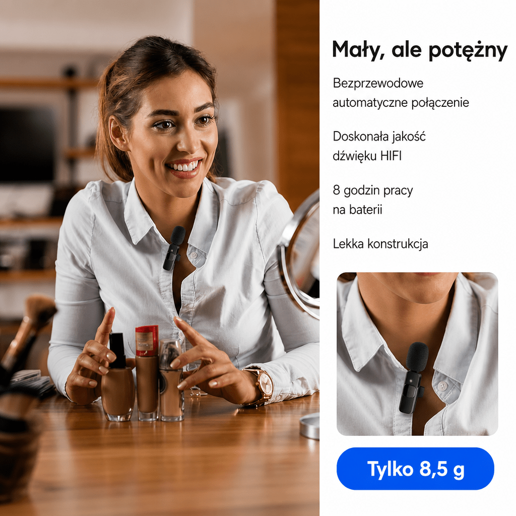 Mikrofon Bezprzewodowy do Telefonu – 2-Pak z Redukcją Szumów i Synchronizacją dla iPhone i iPad