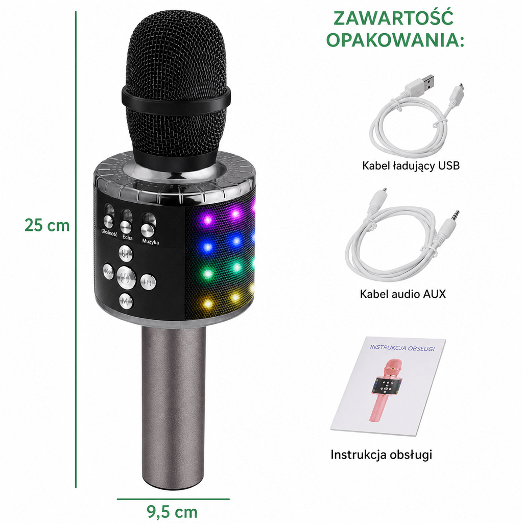 Mikrofon do Karaoke Bluetooth 4 w 1 z Głośnikiem i Efektem LED – Bezprzewodowy Mikrofon z Nagrywaniem