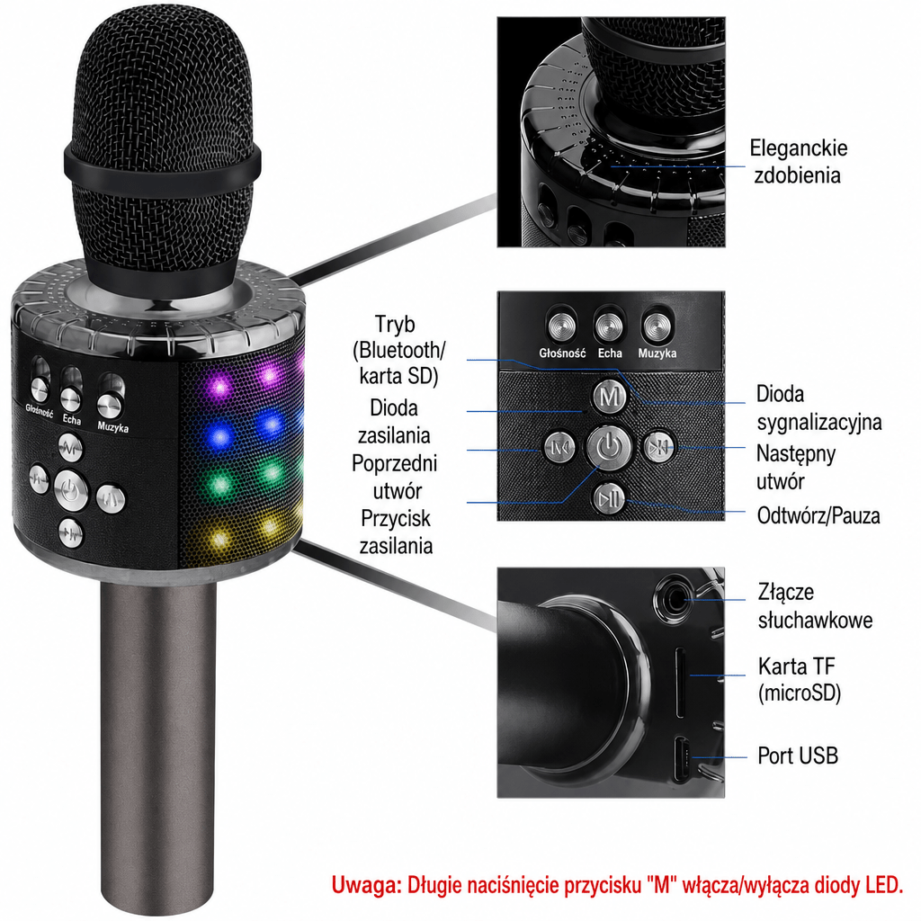 Mikrofon do Karaoke Bluetooth 4 w 1 z Głośnikiem i Efektem LED – Bezprzewodowy Mikrofon z Nagrywaniem
