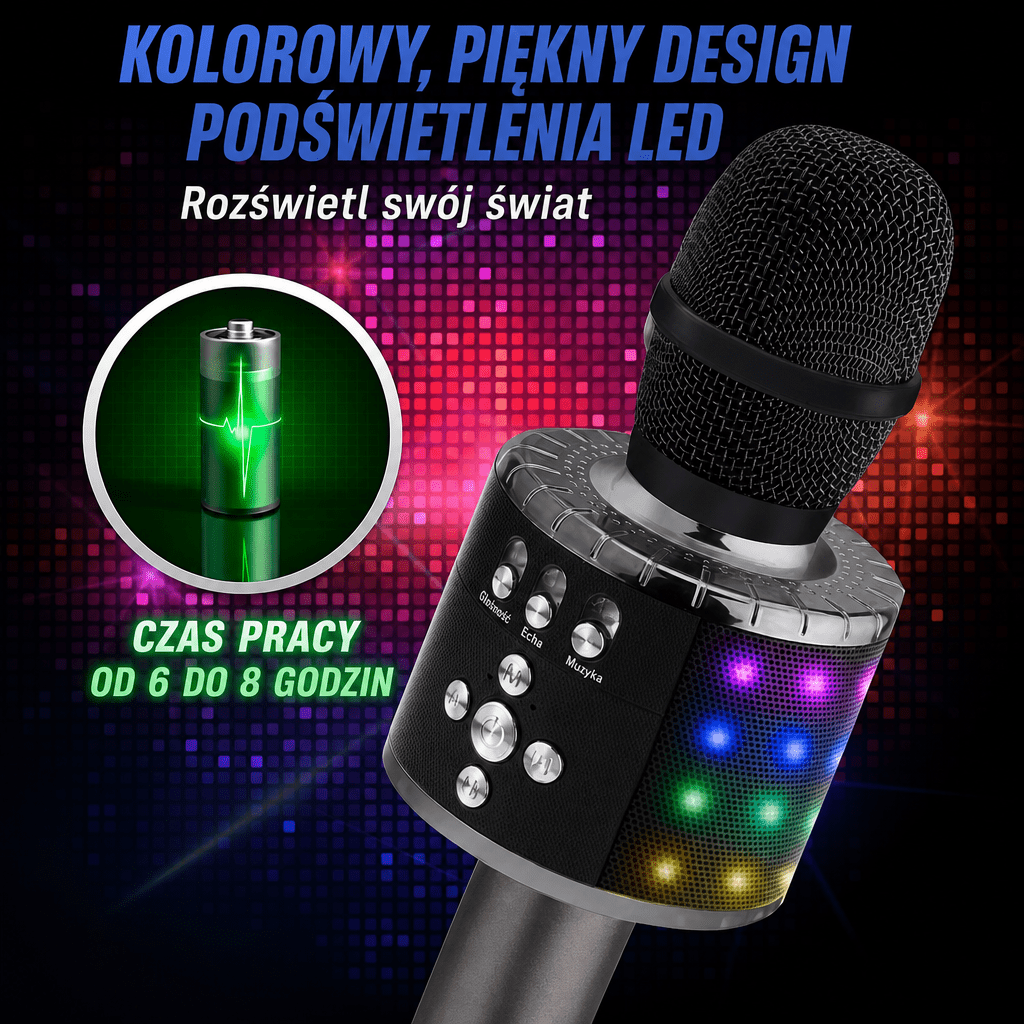 Mikrofon do Karaoke Bluetooth 4 w 1 z Głośnikiem i Efektem LED – Bezprzewodowy Mikrofon z Nagrywaniem