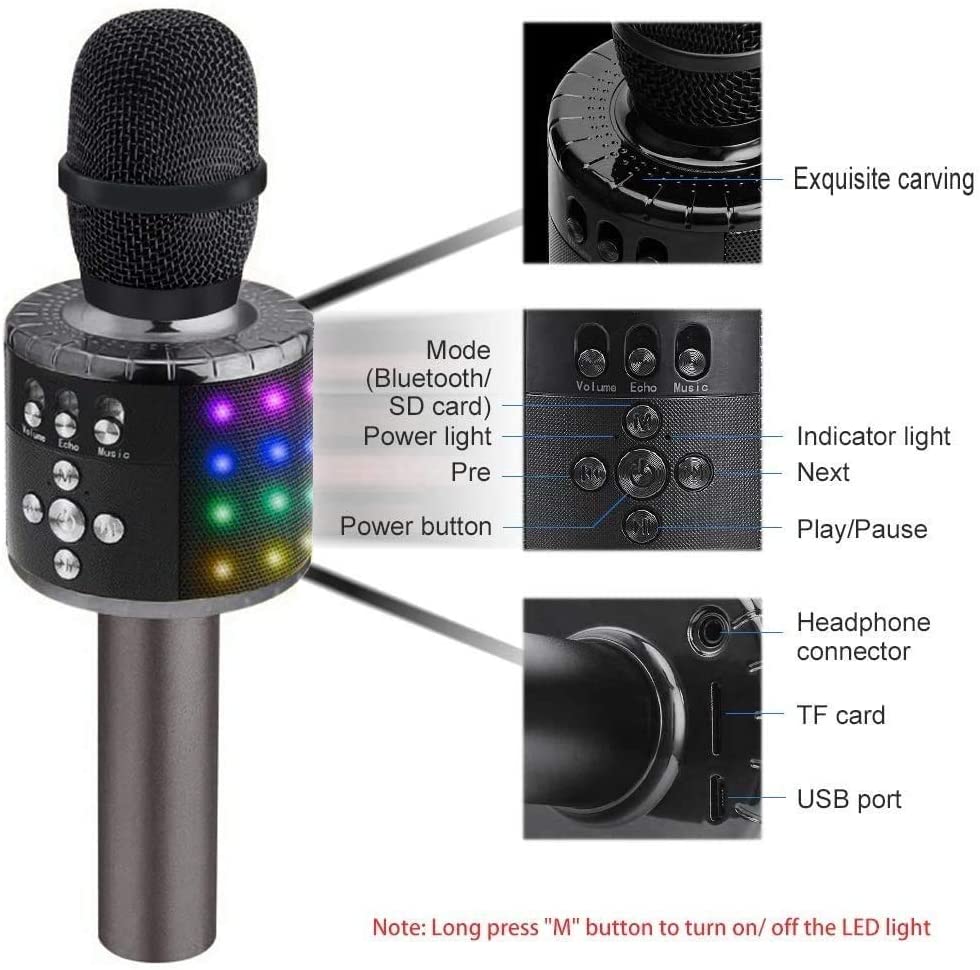 Mikrofon do Karaoke Bluetooth 4 w 1 z Głośnikiem i Efektem LED – Bezprzewodowy Mikrofon z Nagrywaniem 2