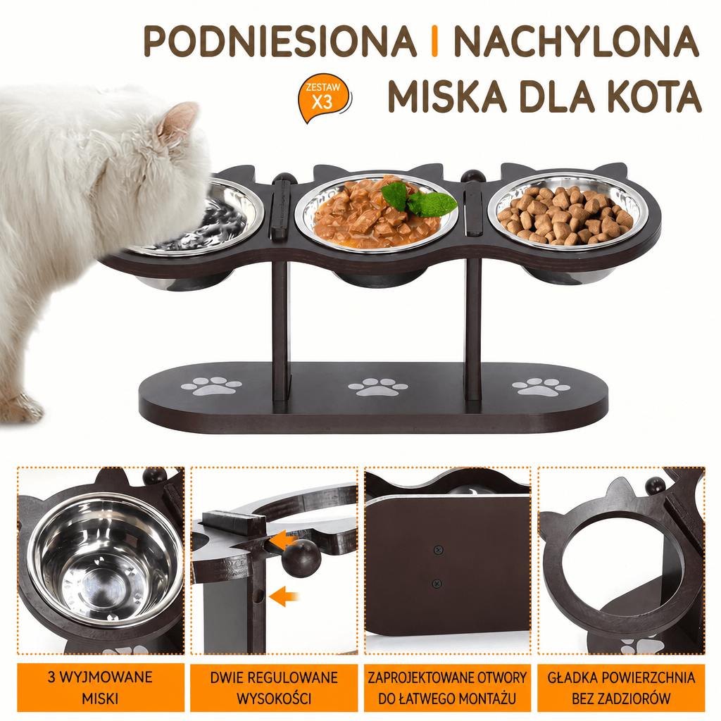 Miska dla kota na podwyższeniu z 3 miskami ze stali nierdzewnej – Ergonomiczny stojak do karmienia