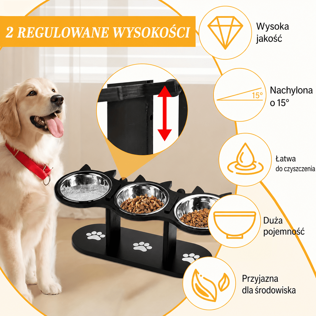 Miska dla kota na podwyższeniu z 3 miskami ze stali nierdzewnej – Ergonomiczny stojak do karmienia