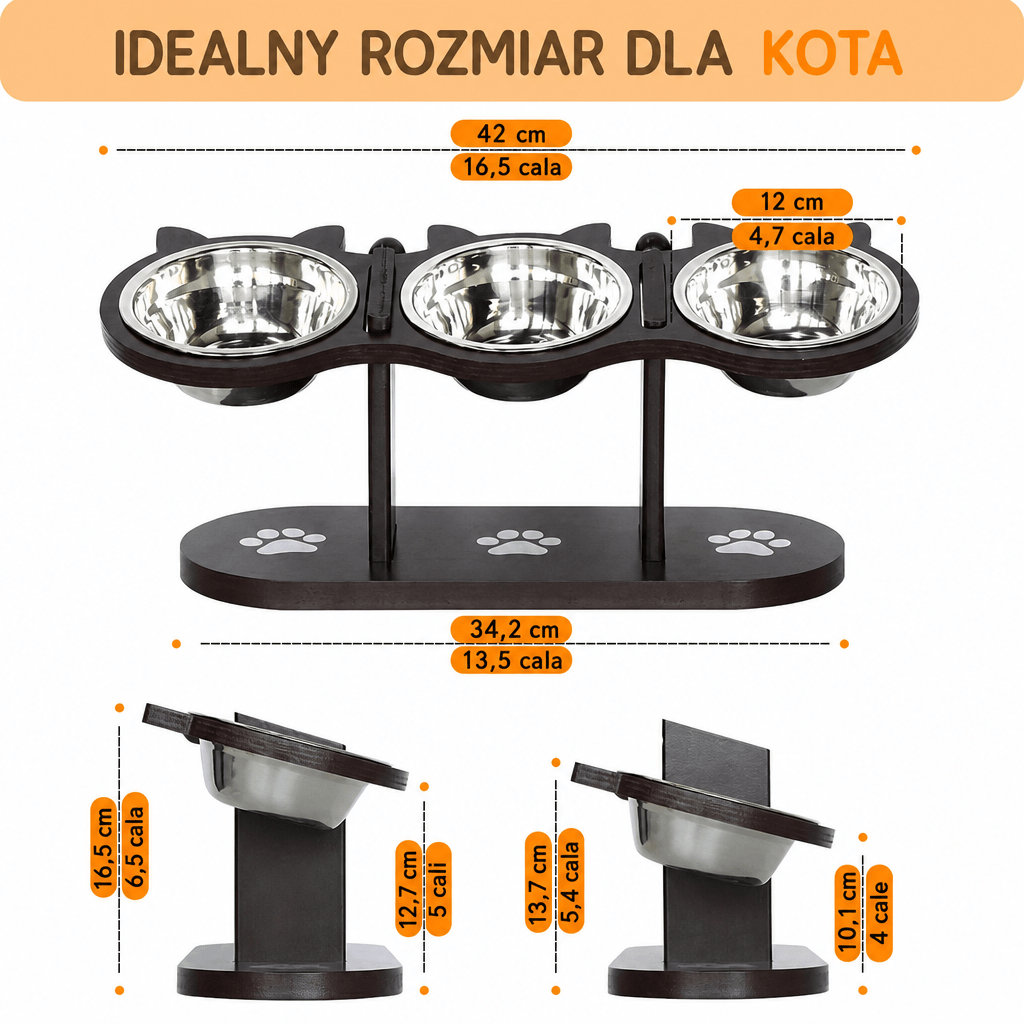 Miska dla kota na podwyższeniu z 3 miskami ze stali nierdzewnej – Ergonomiczny stojak do karmienia