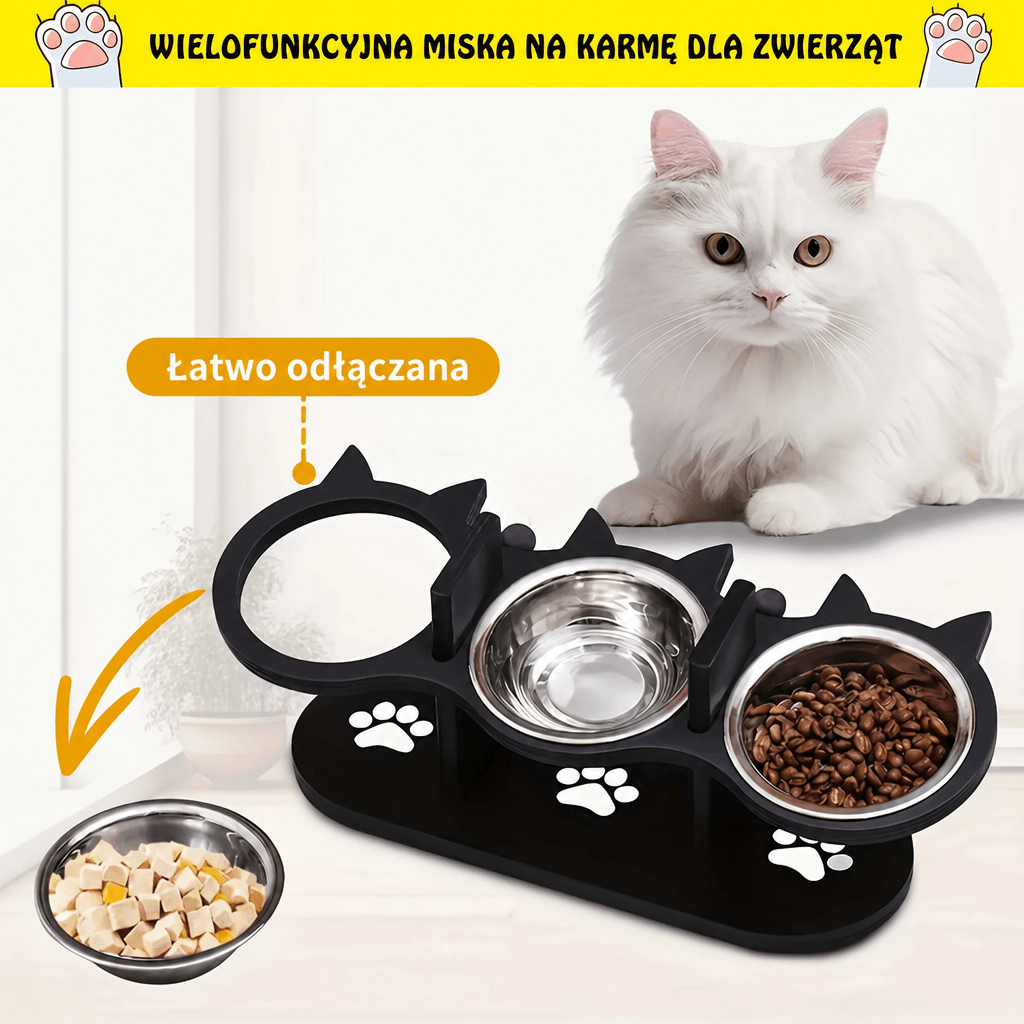 Miska dla kota na podwyższeniu z 3 miskami ze stali nierdzewnej – Ergonomiczny stojak do karmienia
