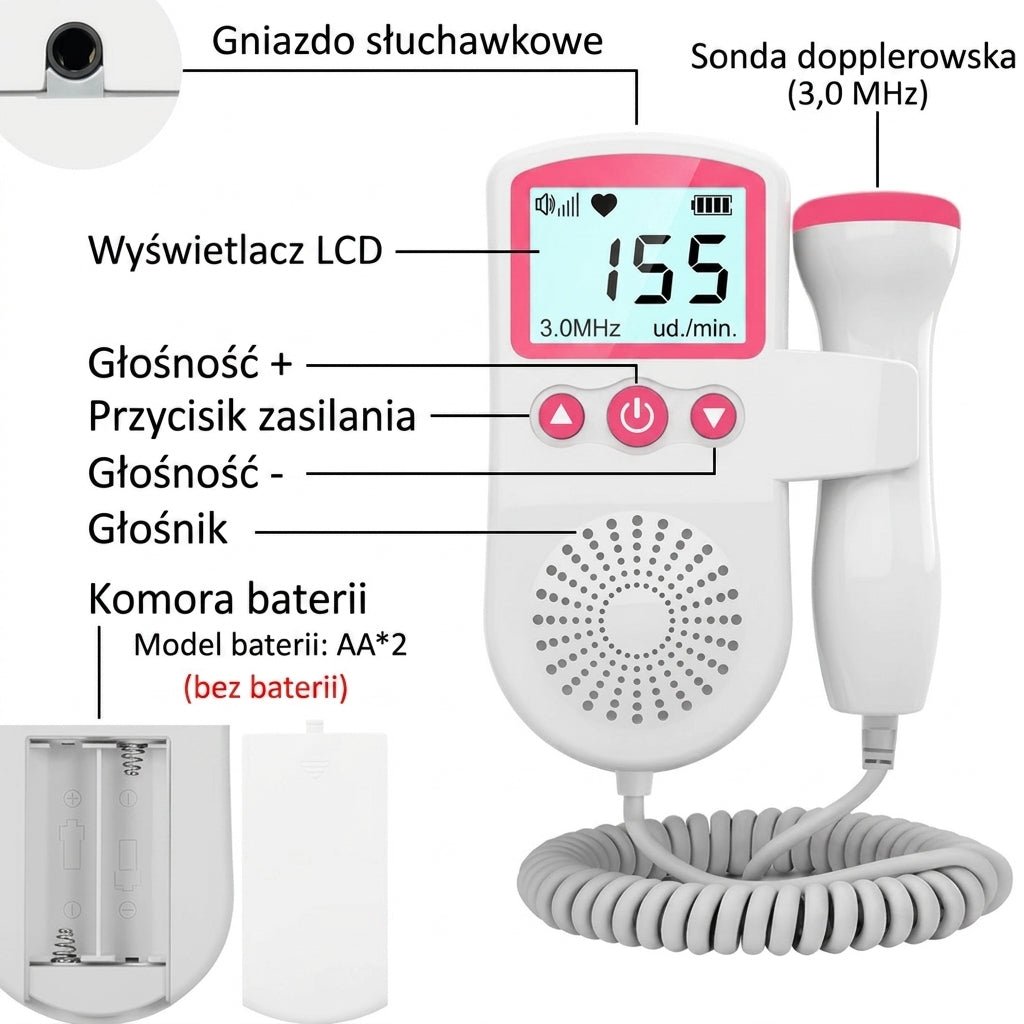 Monitor Tętna Płodu Doppler – Sonda 3 MHz, Podświetlany Wyświetlacz LCD, Trzy Tryby Pracy 6