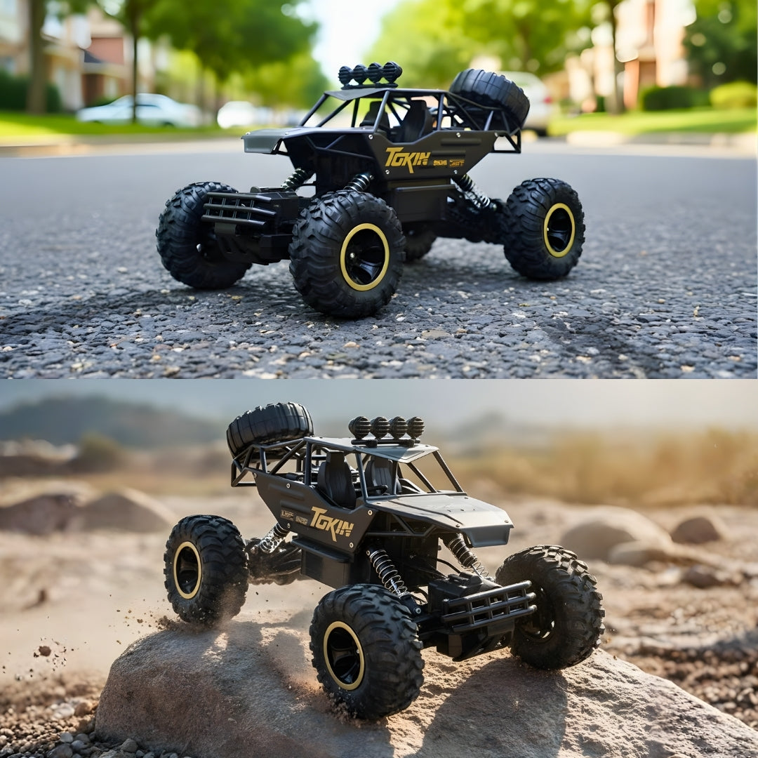 Zdalnie sterowany Monster Truck 4x4 na skale i drodze