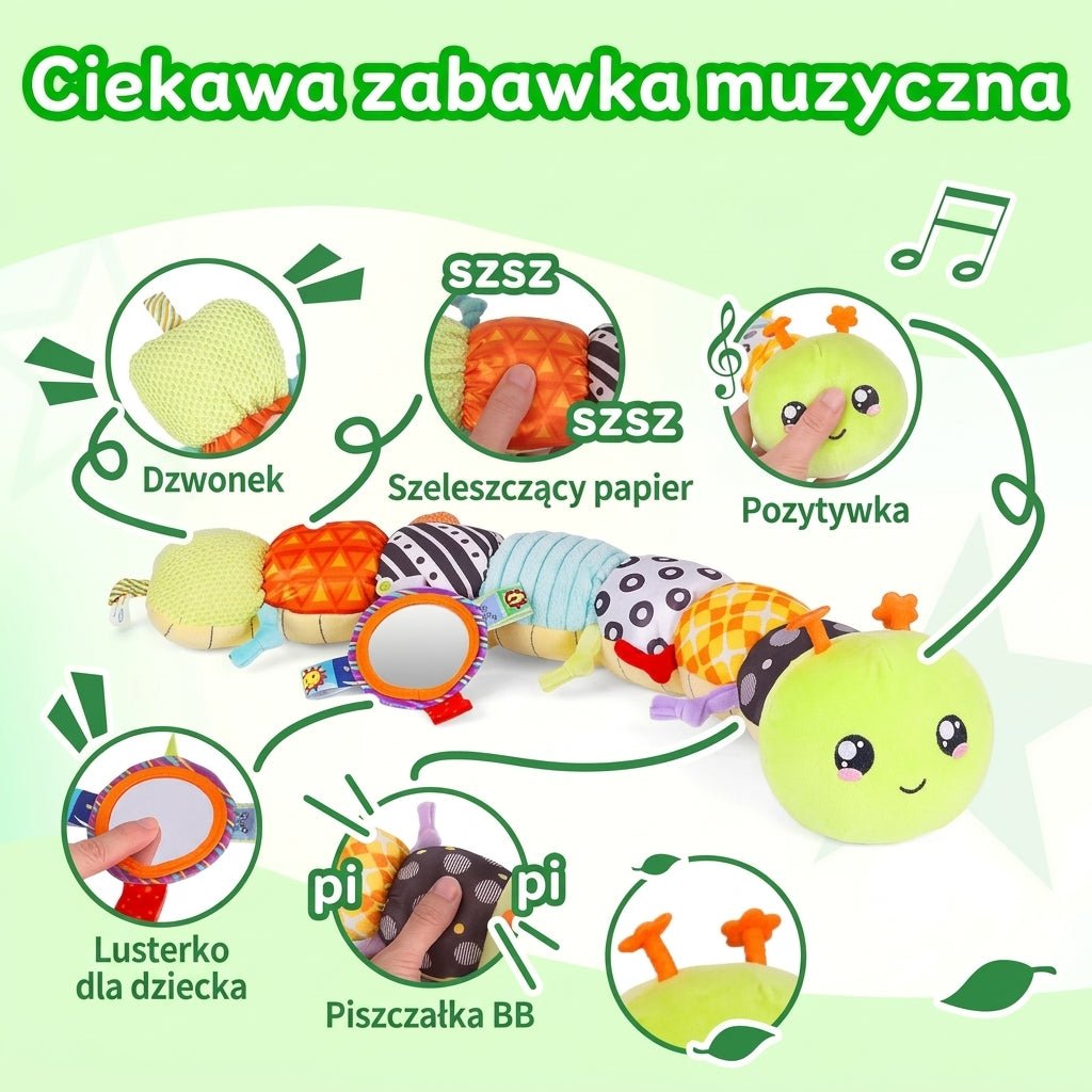 Muzyczna Pluszowa Grzechotka dla Niemowląt w Kształcie Gąsienicy – Różne Tekstury, Stymulacja Zmysłów 5