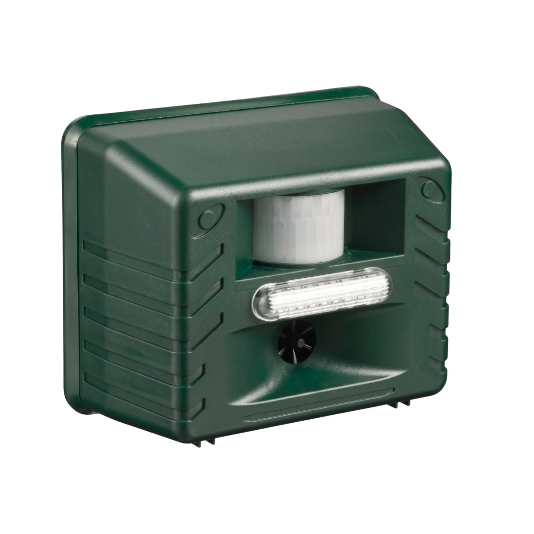 side view Ultrasonic Animal Repeller with Motion Sensor on white background