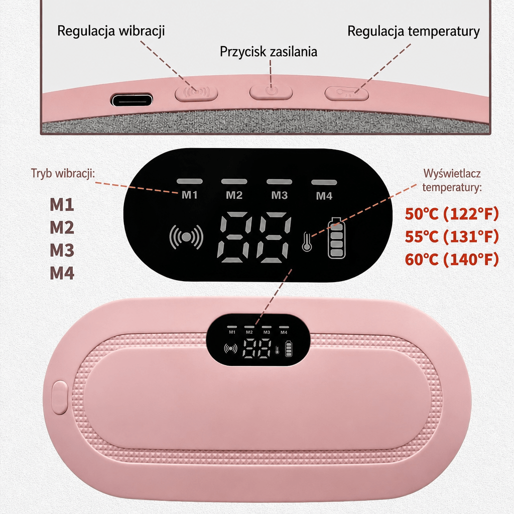 Pas Grzewczy Masujący do Bólu Menstruacyjnego – Szybkie Nagrzewanie, 4 Tryby Wibracji