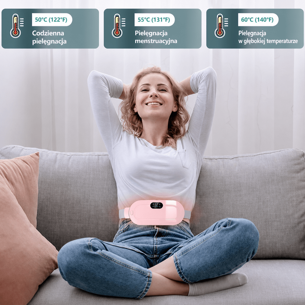 Pas Grzewczy Masujący do Bólu Menstruacyjnego – Szybkie Nagrzewanie, 4 Tryby Wibracji