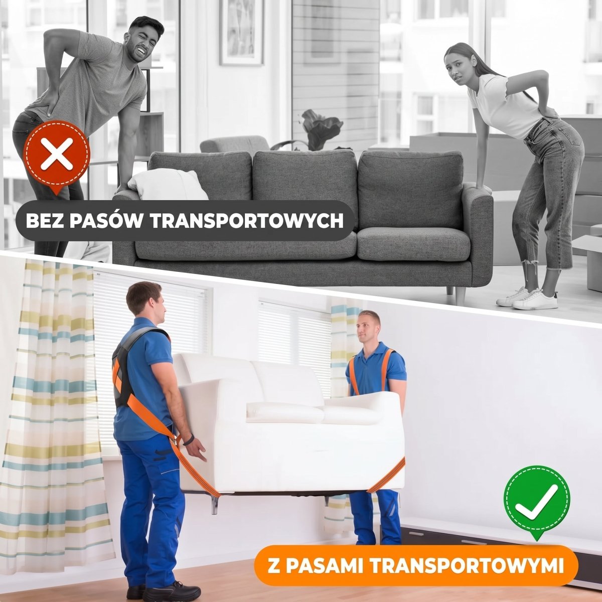 Pasy do Przenoszenia Mebli z Wyściółką – Regulowane, Udźwig do 180 kg, dla 2 Osób