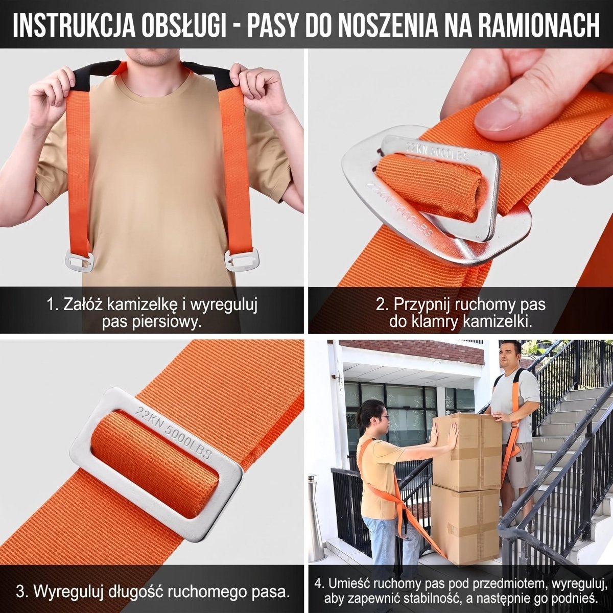 Pasy do Przenoszenia Mebli z Wyściółką – Regulowane, Udźwig do 180 kg, dla 2 Osób
