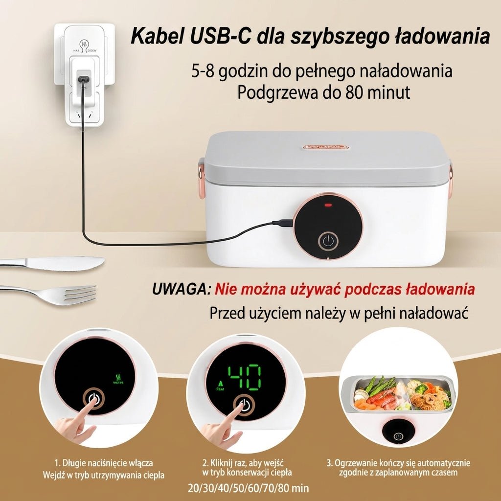 Podgrzewany Lunch Box 1000 ml z Baterią 16000 mAh – Pojemnik na Lunch z Regulacją Ciepła 5