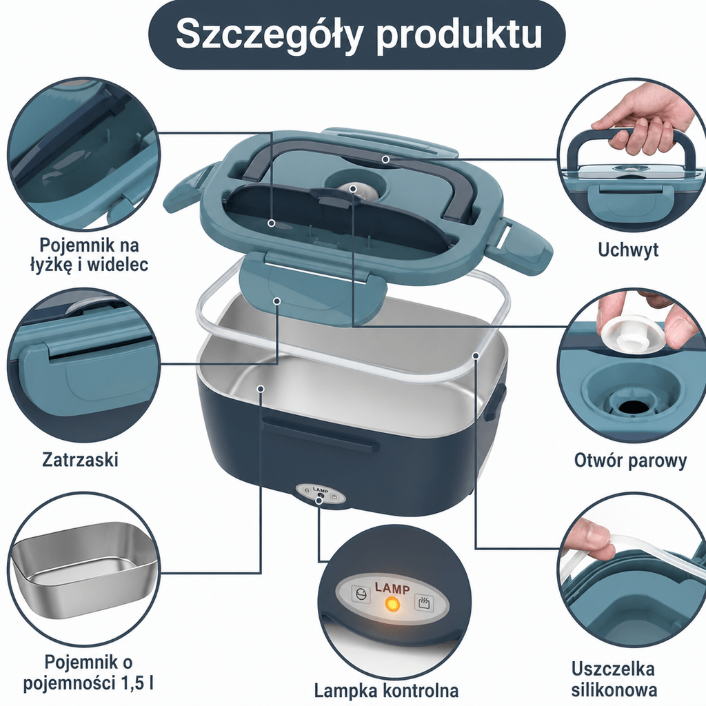 Pojemnik na lunch podgrzewany 1,5 l – Elektryczny lunch box zasilany 12V/110V, szczelny