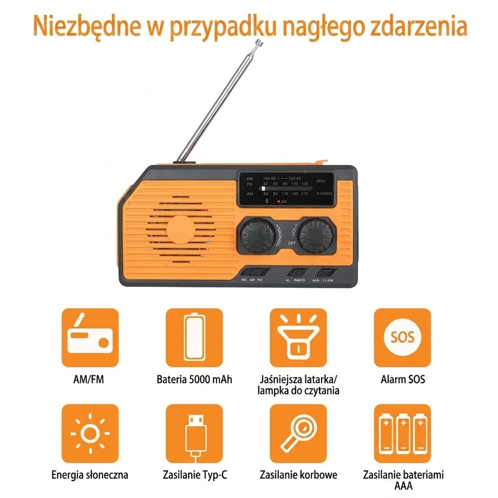 Radio Awaryjne z Korbą i Panelem Słonecznym – Zasilanie Awaryjne z Alarmem SOS i Latarką 5