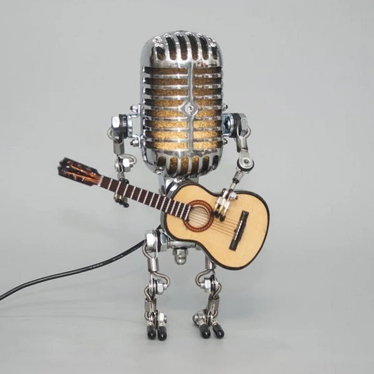 Robot Mikrofonowy z Lampą Gitarową – Metalowa Dekoracja Wnętrza w Stylu Retro 0