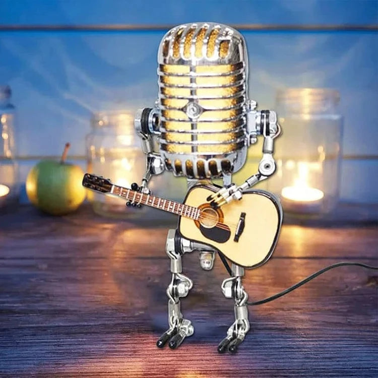 Robot Mikrofonowy z Lampą Gitarową – Metalowa Dekoracja Wnętrza w Stylu Retro 1