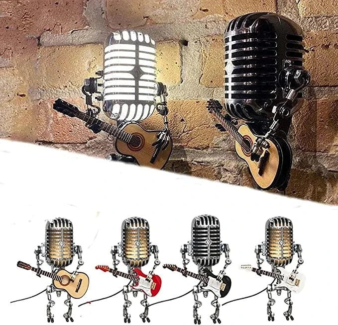Robot Mikrofonowy z Lampą Gitarową – Metalowa Dekoracja Wnętrza w Stylu Retro 5