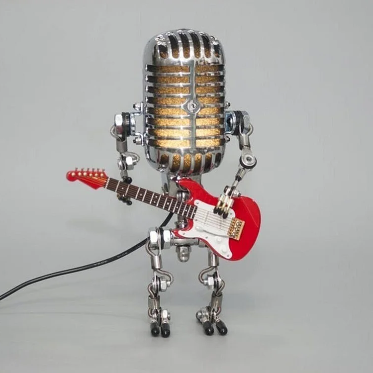 Robot Mikrofonowy z Lampą Gitarową – Metalowa Dekoracja Wnętrza w Stylu Retro 6