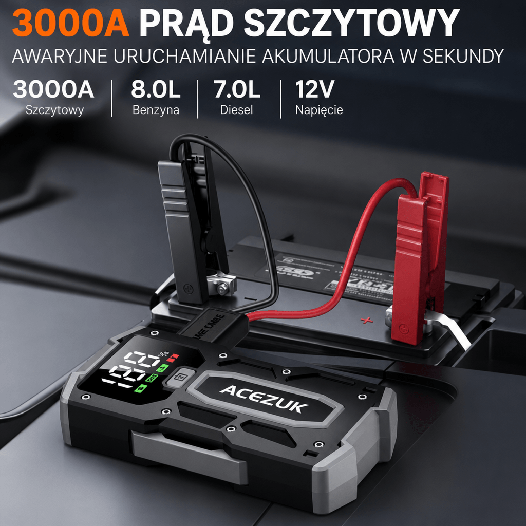 Rozrusznik Samochodowy 3000A z Powerbankiem 12800 mAh do Silników Benzynowych i Diesla