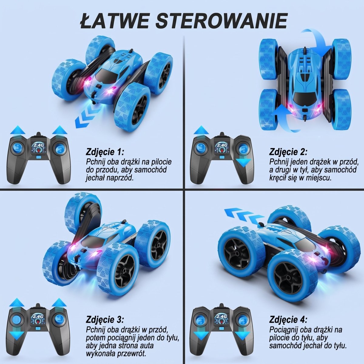 Samochód Zdalnie Sterowany dla Dzieci 6-12 lat z Obrotami 360° i LED – 9 Trybów Akrobacji