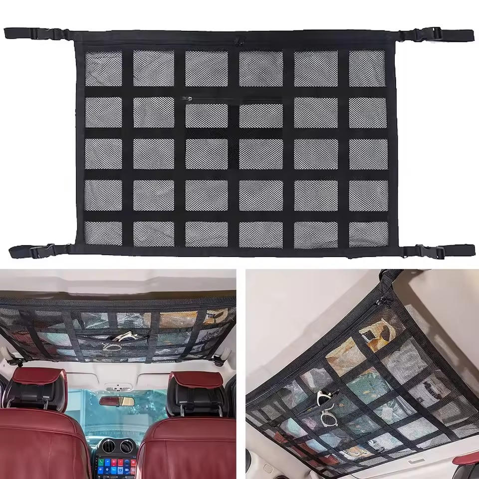 Siatka Bagażowa Sufitowa do Samochodu 78x75 cm – Dwuwarstwowa z Zamkiem i Klamrami 9