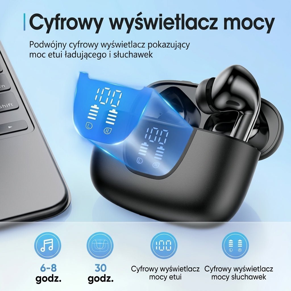 Słuchawki Bezprzewodowe Douszne z Etui Ładującym – IPX5, Redukcja Szumów, 60 Godzin Odtwarzania 12