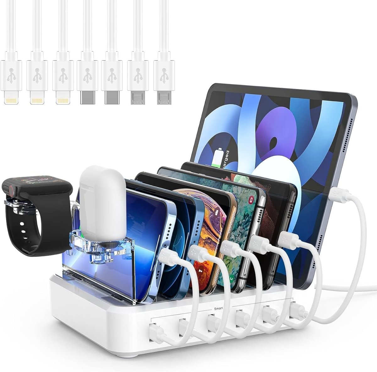 Stacja Ładowania 6 Urządzeń – Szybkie Ładowanie USB z Regulowanymi Przegródkami 0