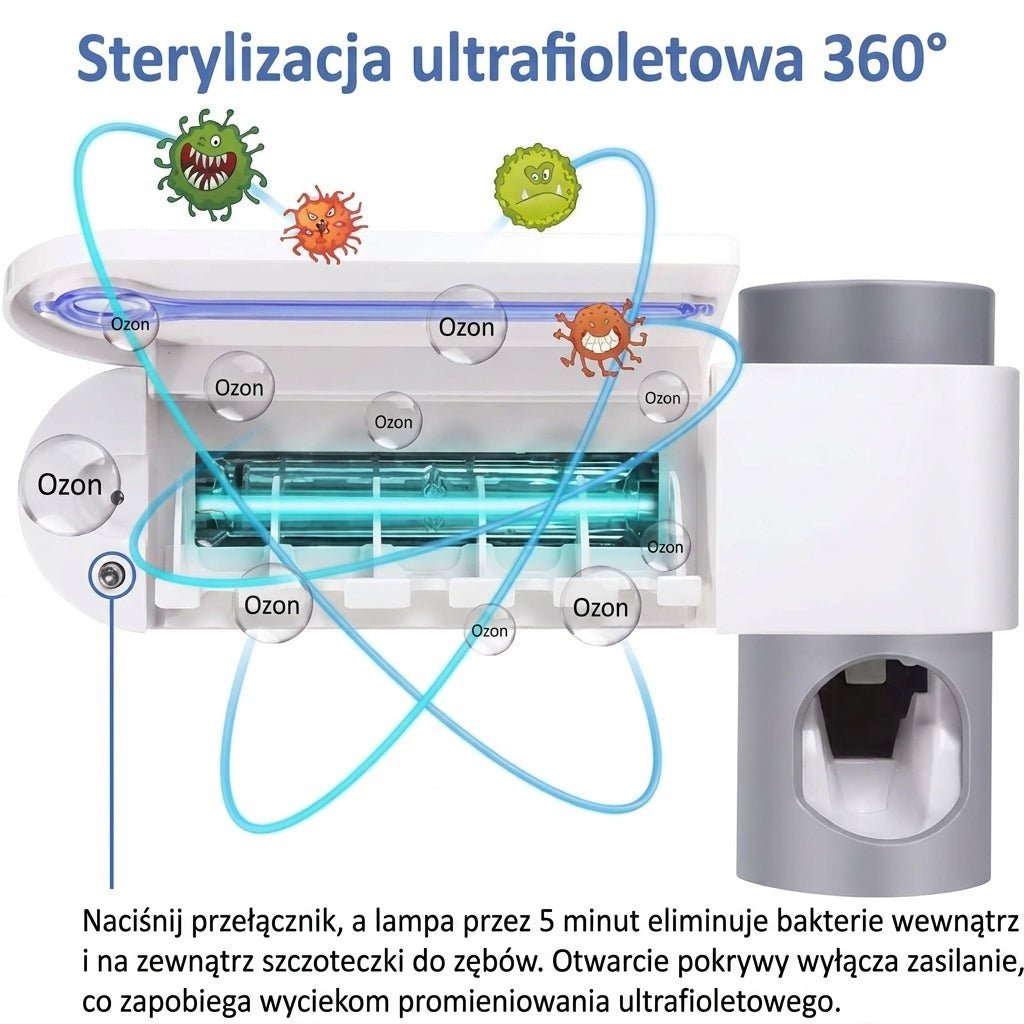 Sterylizator UV do Szczoteczek i Dozownik Pasty – Uchwyt na Ścianę, Mieści 5 Szczoteczek 5