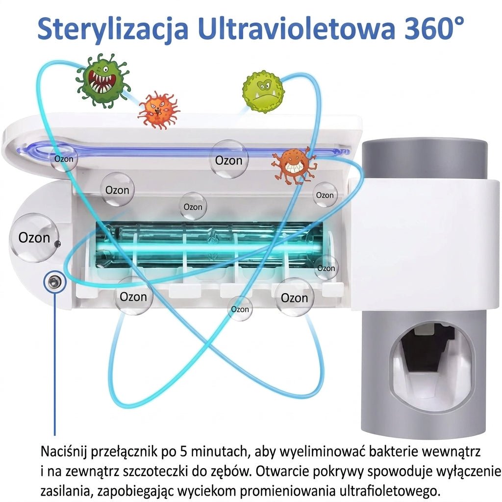 Sterylizator UV do Szczoteczek i Dozownik Pasty – Uchwyt na Ścianę, Mieści 5 Szczoteczek 5