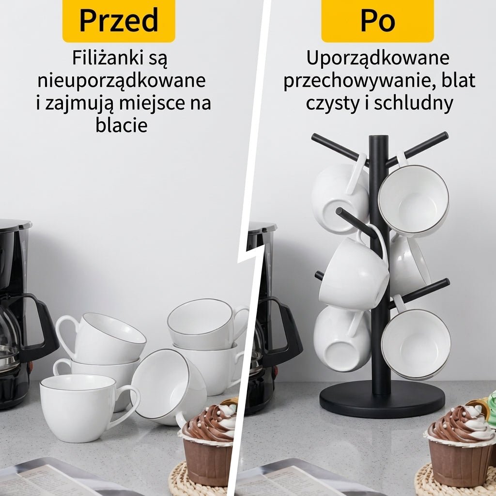 Stojak na Kubki, Drewniany z 6 Haczykami – Kompaktowy Uchwyt do Przechowywania Filiżanek 4