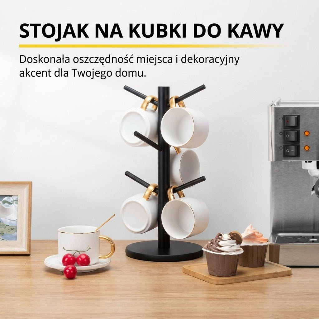 Stojak na Kubki, Drewniany z 6 Haczykami – Kompaktowy Uchwyt do Przechowywania Filiżanek 5